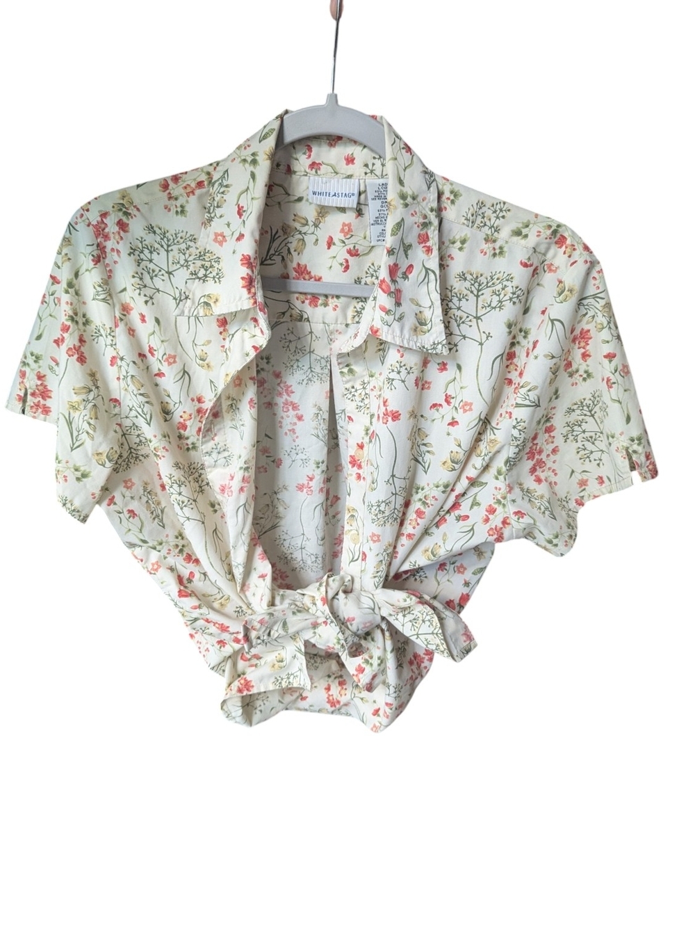 Vintage Cottagecore White Stag Cream Floral Button-Front Cotton Blend Shirt